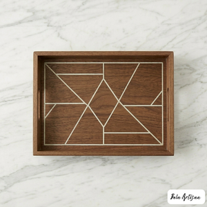Walnut Wooden Minimalist Handcrafted Serving Tray Geometric Inlay Rectangular Decorative <b>Coffee</b> <b>Table</b> Tray for Home Hotel - Product Image 1
