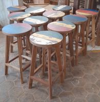 Tabouret de bar rond moderne en teck recyclé avec finition peinte, non pliable, pour bar à domicile, hôtel, salle à manger, villa et usage extérieur