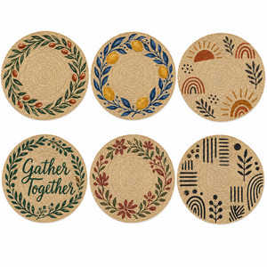 Round Natural Jute <b>Placemat</b> With Green Leaf Pattern Bless Our Nest Printed Home Decor <b>Table</b> Mat Classic Style Washable - Product Image 4