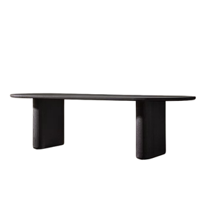 Table de repas d'extérieur minimaliste contemporaine en teck massif, surface ovale arrondie, design robuste à double colonne pour usage en terrasse - Product Image 3
