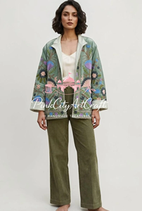 Handcrafted Sage Green Velvet Quilted Kimono <b>Jacket</b> Kashmiri Suzani Embroidered Winter Coat Elegant Premium Velvet <b>Blazer</b> - Product Image 5
