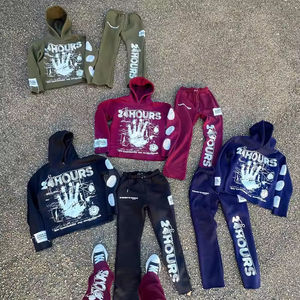 Ensemble de survêtement évasé personnalisé pour homme, style streetwear, avec impression 3D en relief, comprenant un sweat à capuche et un pantalon de jogging, à ourlet brut et motif graphique, vente en gros - Product Image 3