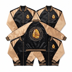 Custom B2B Supplier Black Gold Satin Varsity Jacket Zip Up Custom Embroidered Baltic Amber Collective Baseball <b>Coat</b> - Product Image 1