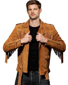 Men's Brown <b>Suede</b> Fringe <b>Leather</b> Biker <b>Jacket</b> Turn-down Collar Zipper Closure Casual Winter Breathable Windproof Nonwoven - Product Image 2