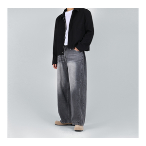 Jean en denim délavé coupe droite pour homme, taille haute, coupe ample, décontracté, en coton mi-lourd, style automne - Product Image 3