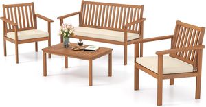 Modern Minimalist Teak <b>Garden</b> Bench and Armchairs 4 Piece Patio Wood Conversation Furniture <b>Set</b> - Product Image 4