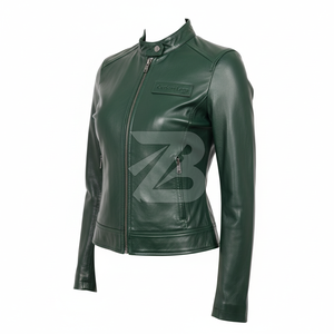 OEM ODM Women's Genuine Leather Jacket Band Collar Slim Fit Moto <b>Coat</b> Forest Green Custom Logo Women's Jackets - Product Image 3