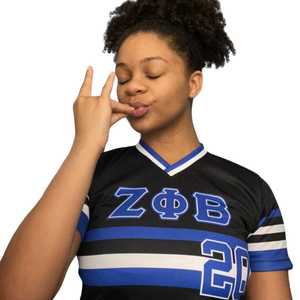 Zeta Phi Beta Black Striped Baseball Jersey Women Blue White Sublimation Polyester Short Sleeve Athletic Shirt Stylish Fit - Product Image 3