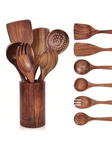 Ensemble d'ustensiles de cuisine en bois, design minimaliste, finition mate durable, cuillères, spatules, louche, outils de service - Product Image 1
