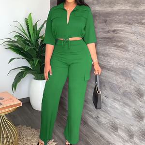 Conjunto de Dos Piezas de Otoño para Mujer, Top Corto Elástico con Escote Cruzado y Manga Larga, Traje de Dos Piezas - Product Image 3