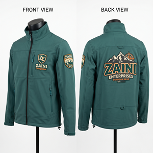 เสื้อแจ็คเก็ตซอฟต์เชลล์ผู้ชาย 300 GSM ผ้าโพลีเอสเตอร์ยืดคุณภาพพรีเมียม ซิปเต็มตัว เสื้อแจ็คเก็ตทำงานกลางแจ้ง สีเขียวอมฟ้า ปักโลโก้ตามสั่ง - Product Image 1