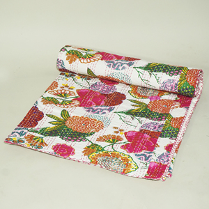Floral Kantha Quilt Cotton Foldable <b>Bedspread</b> Ethnic Boho Sleeping Blanket with Carry Strap - Product Image 5