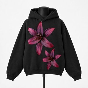 Sweat-shirt à capuche oversize noir à motif floral pour femme, imprimé personnalisé, style streetwear, en molleton, vente en gros - Product Image 1