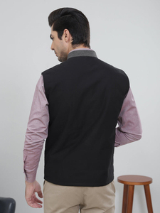 <b>Men's</b> <b>Black</b> Stand Collar <b>Vest</b> Zipper Closure Windproof Casual Outerwear Regular Length Polyester Solid Color - Product Image 2