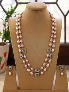 Women's Antique Gold Plated Brass Pearl Kundan <b>Necklace</b> Set | Layered Pearl Jewelry <b>Ruby</b> Stone Accents Indian Wedding <b>Necklace</b> - Product Image 4