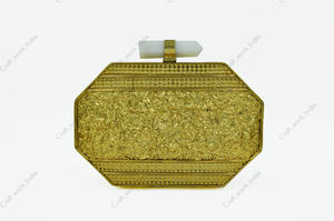 Indian Handcrafted Mother of <b>Pearl</b> Stone Brass <b>Clutch</b> with Sculpted Geometric Panels Luxury Evening Bridal Statement <b>Bag</b> - Product Image 4