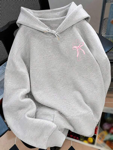 Women Hoodies Oversized Gray Pink Bow Cross <b>Back</b> Graphic <b>Drop</b> Shoulder Cotton Blend Pullover Private Label Bulk Manufacturer - Product Image 2