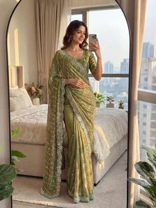 Indian Traditional Ethnic Partywear Saree in Sequins Embroidery Work for Wedding Occasion and Festive Function for Women Fancy - Product Image 3