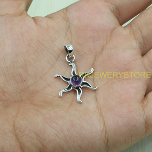 Collier pendentif soleil en argent sterling 925 avec améthyste ronde, bijoux bohèmes faits à la main, vente en gros, pendentif charme pour femme - Product Image 3