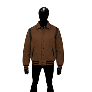 Chaqueta Bomber Varsity Marrón de Alta Calidad para Hombre, Prenda Exterior de Lujo con Detalles en Cuero, Cuello Camisero, Estilo Casual Urbano para Otoño - Product Image 1
