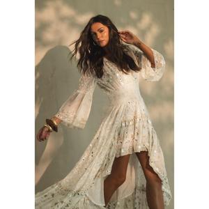 Women White Boho Embroidered High Low Eco-Friendly 100% Cotton Long Sleeve <b>Sequin</b> Party Beach Maxi Dress - Product Image 4