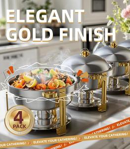 Premium Stainless Steel Chafing Dish with Gold Handles and Trim Luxury Round Buffet <b>Food</b> <b>Warmer</b> Set for Upscale Catering Events - Product Image 2