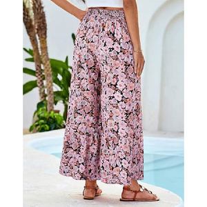Pantalones anchos con estampado floral para mujer, pantalones de verano con cintura elástica de gasa, holgados hasta el tobillo, estilo bohemio informal - Product Image 2