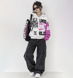 Sudaderas con capucha y cremallera extragrandes personalizadas con estampado gráfico y mangas de cristal con bloques de color, estilo urbano, para unisex. - Product Image 2