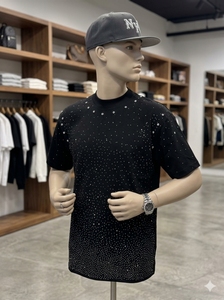 <b>Men's</b> <b>Black</b> <b>Silk</b> Breathable Short Sleeve T-<b>Shirt</b> Rhinestone Dot Pattern O-Neck Oversized Fit Street Style Knitted Fabric - Product Image 1