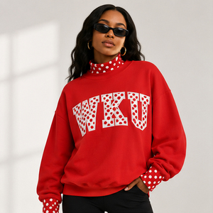 OEM Custom Logo Chenille Tackle Twill Applique Letter <b>Sweatshirt</b> Black <b>White</b> Dotted Trim Collar Mock neck Sweater Oversized - Product Image 6