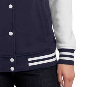 <b>Women's</b> Navy Blue Varsity <b>Jacket</b> With <b>White</b> Sleeves Full Length Button Up Collar Solid Color Contrast Design Autumn Wear - Product Image 5