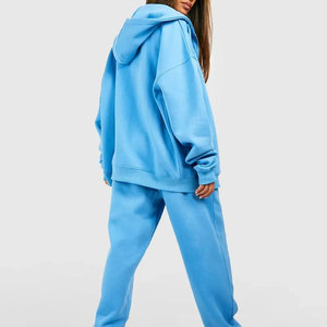 Ensemble de survêtement bleu pour femme, sweat-shirt à capuche à manches longues avec fermeture éclair, pantalon de jogging à taille élastique, style décontracté printemps, couleur unie - Product Image 2