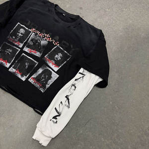 เสื้อยืดคอตตอนหนาน้ำหนักมากพิมพ์ลายสกรีนสไตล์วินเทจทรงโอเวอร์ไซส์สำหรับผู้ชาย เสื้อยืดแขนยาวสองชั้น - Product Image 2