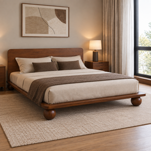 Lit plateforme en teck massif, cadre de lit en bois à profil bas avec pieds arrondis, mobilier de chambre moderne - Product Image 6