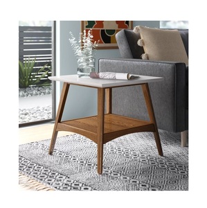 2-Tier Rectangular White Marble <b>Side</b> <b>Table</b> Wooden End <b>Table</b> with Lower Storage Shelf Mid-Century Modern <b>Sofa</b> Arm Accent <b>Table</b> - Product Image 2