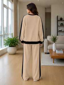 Conjunto Deportivo 2 en 1 para Mujer, Color Beige con Bloques de Color, Diseño de Puntos, Manga Larga, Capucha, Corte Holgado, Informal, para Otoño, con Bolsillos Laterales - Product Image 2