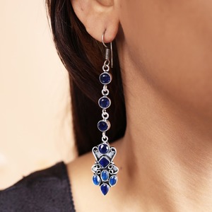Trendy Royal Blue Zircon Brass <b>Long</b> Drop <b>Earrings</b> | Antique <b>Silver</b> Plated Boho Style Fashion Jewelry for Women - Product Image 1