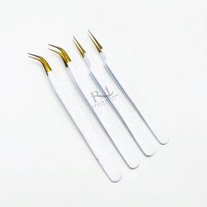 Pinzas de acero inoxidable para extensión de pestañas con punta de color plasma dorado y color blanco polvo, puntas regulares. - Product Image 2