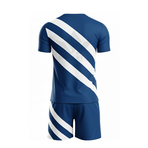 Ensemble de maillot et short de football personnalisé pour homme, bleu marine et blanc, à rayures, manches courtes, col rond, en polyester anti-humidité, uniforme d'équipe - Product Image 2
