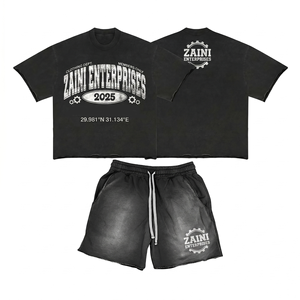 Mens Oversized T Shirt Shorts <b>Set</b> 100% Polyester French Terry Breathable Summer Washed Black Vintage Distressed Embossed Custom - Product Image 1