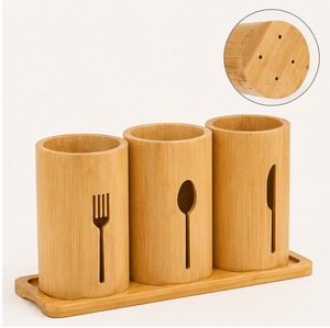 Modern Eco-Friendly 3-Compartment Bamboo Utensil <b>Caddy</b> For Countertop Sustainable Wood Silverware Holder And Flatware Organizer - Product Image 1