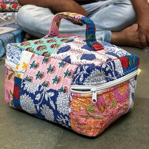 Quilted Panelled Cosmetic Bag Medium Size Bohemian Floral Print Zipper Closure Soft Handle Textile Material - Product Image 4