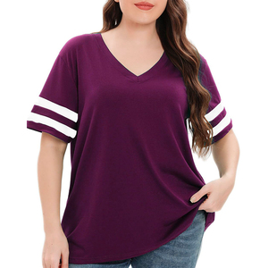 Camisetas de Verano para Mujer, Cuello en V, Holgadas, de Algodón, con Rayas, Dobladillo Redondo, Lisas, Casuales, con tu Propio Logotipo - Product Image 1