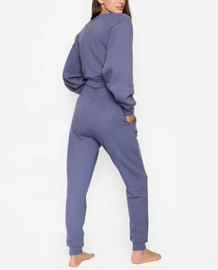 Conjunto de dos piezas de chándal de forro polar color pizarra estilo corsé, con sudadera corta con cuello en V y pantalón jogger, venta al por mayor, MOQ bajo - Product Image 5