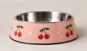 Durable <b>Pink</b> Enamel Pet Food <b>Bowl</b> Red Cherry Round Stainless Steel <b>Dog</b> Cat Feeding Dish Non Slip Rubber Ring Base OEM - Product Image 3