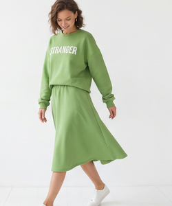 Women's Knee Length Fleece Skirts Set 100% Cotton Baggy Long Sleeve Crew <b>Neck</b> Mid Elastic Weight Sweatshirt Skirts Set Ladies - Product Image 3