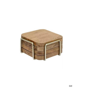 Handmade Square Acacia Wooden Drink Coaster Set with Metal Holder, Modern Wood Cup Coasters for <b>Coffee</b> <b>Table</b> Bar Home Decor Gift - Product Image 2