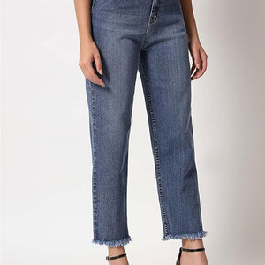 High Waist Womens Straight Leg <b>Denim</b> Jeans Frayed Raw Hem Blue <b>Stretch</b> Pants Casual Ankle Length Trouser Spring Style - Product Image 3
