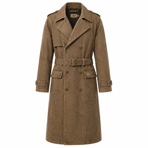 Gabardina de mezclilla sobrachapada para hombre, color marrón camel, larga, con doble botonadura y cinturón, ropa exterior de moda personalizada de primera calidad - Product Image 2