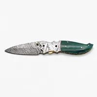 Couteau pliant à manche vert foncé avec lame à motifs et accessoires décoratifs argentés pour équipement de camping et coffret cadeau pour collectionneur